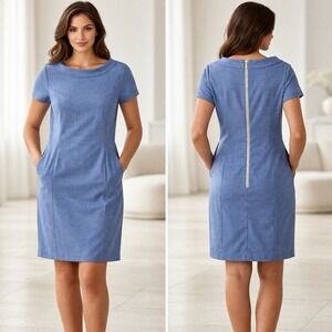 Sara Campbell Dress M Blue Sheath USA Cotton Pockets Zip Back Classic Luxury